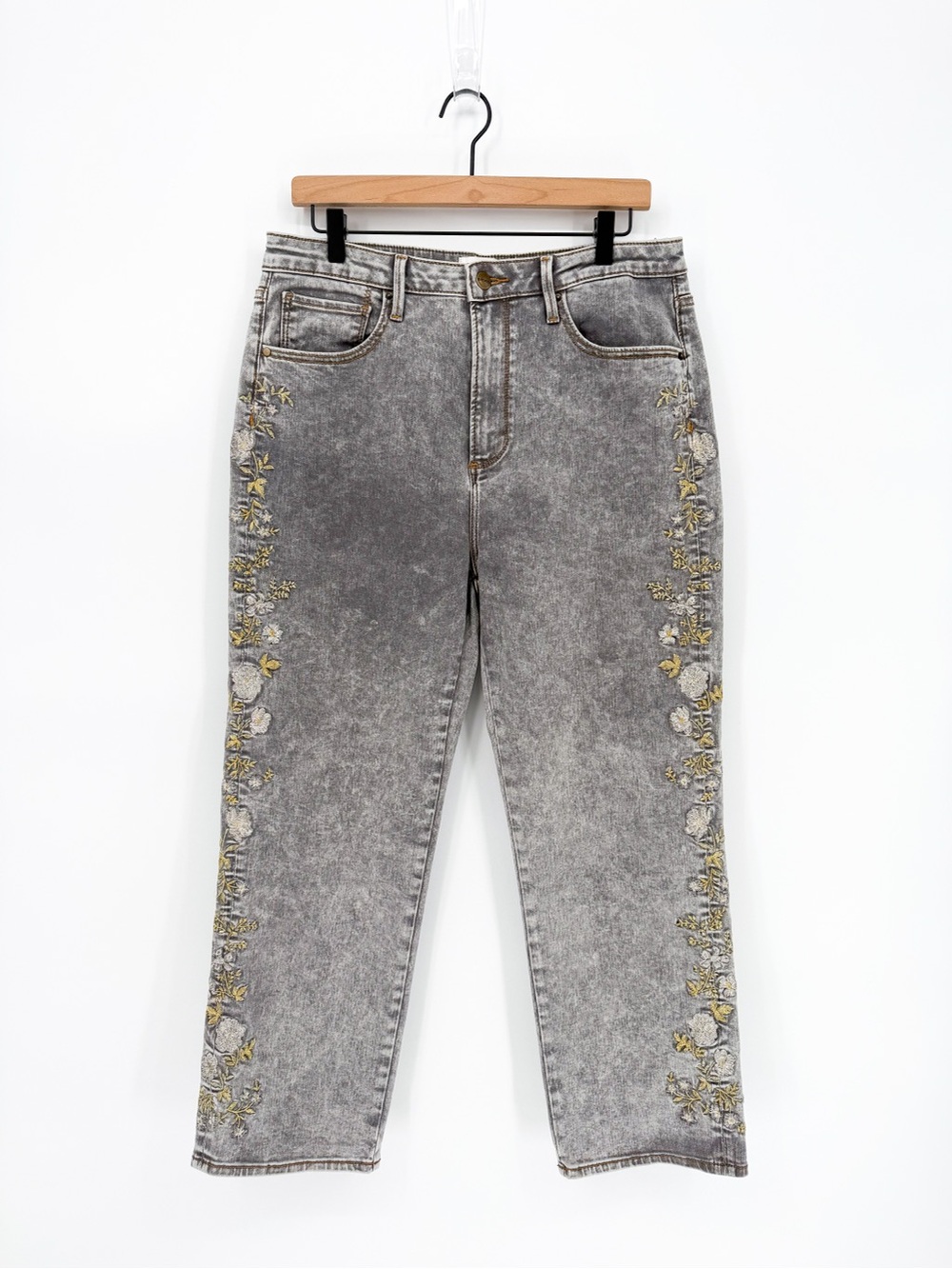Free People x Driftwood Royce Floral Embroidered Jeans Grey Acid Wash Size 31